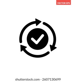 Black round checking process sync approved icon, simple turning arrows sync cycle flat design pictogram vector for app logo ads web webpage button ui ux interface elements isolated on white background