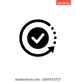 Black round checking process sync approved icon, simple turning arrows syncing flat design pictogram vector for app logo ads web webpage button ui ux interface elements isolated on white background