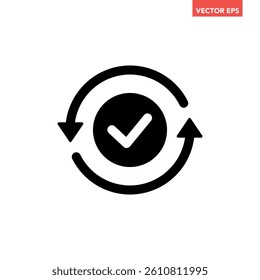 Black round checking process sync approved icon, simple turning arrows syncing flat design pictogram vector for app logo ads web webpage button ui ux interface elements isolated on white background