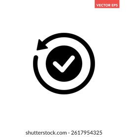 Black round checking process sync approved icon, simple turning arrows syncing flat design pictogram vector for app logo ads web webpage button ui ux interface elements isolated on white background