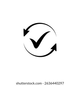 Black round checking process sync approved icon, simple turning arrows syncing flat design pictogram vector for app logo ads web webpage button ui ux interface elements isolated on white background