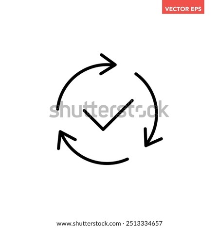 Black round checking process sync approved icon, simple turning arrows syncing flat design pictogram vector for app logo ads web webpage button ui ux interface elements isolated on white background