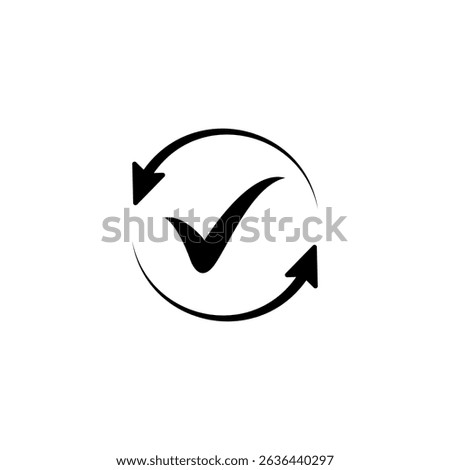 Black round checking process sync approved icon, simple turning arrows syncing flat design pictogram vector for app logo ads web webpage button ui ux interface elements isolated on white background