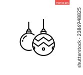 Black round Christmas balls line icon, simple holiday decoration flat design pictogram, infographic vector for app logo web button ui ux interface isolated on white background