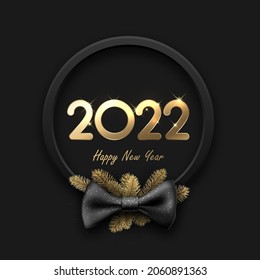 Black round Christmas wreath with 2022 sign. Fir branches and bow. Vector holiday illustration.