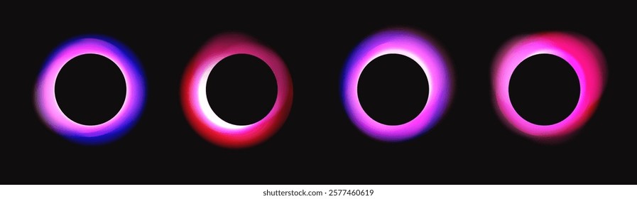 Black round circles with blurred neon gradients, glowing frames with holographic light blur effect. Trendy colorful fluid gradient elements, vivid futuristic blurry circle banner vector set. 