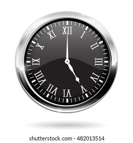 Black round clock with roman numerals. Vector illustration isolated on white background
