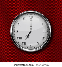 Black round clock with roman numerals. Vector 3d illustration isolated on white background