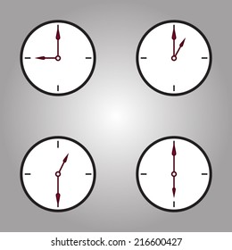 Black round clocks with red arrows on the gray background
