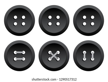 Black round clothing buttons with thread. Vector illustration