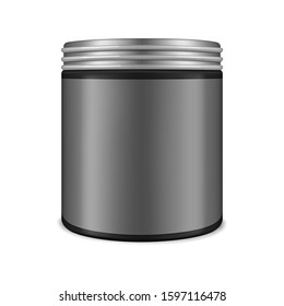 Black round cosmetic jar with screw lid and blank label, realistic mockup. Round container, vector mock-up. Beauty or medical product packaging, template.