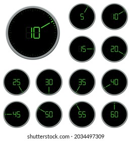 Black round digital timer with green numbers. LED scale. Set of from 5 to 60. Vector illustration.