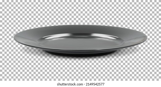 Black Round Empty Plate Side View With Transparent Shadow