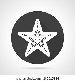 Black round flat design vector icon with white silhouette starfish on gray background.