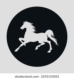 Black round flat vector icon with white silhouette of a horse	