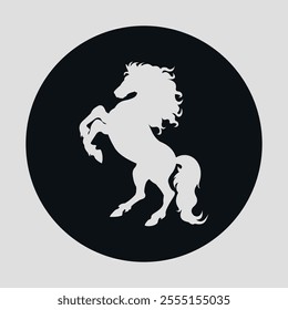 Black round flat vector icon with white silhouette of a horse	