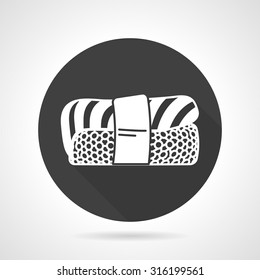 Black round flat vector icon with white contour nigiri sushi. Seafood menu, traditional asian food, japanese restaurant. Elements of web design for business and website.