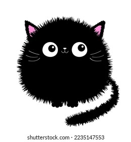 Black round fluffy cat icon. Face head body, tail. Fat kitten. Cute cartoon character. Kawaii baby pet animal. Notebook cover, tshirt, greeting card print. Flat design. White background. Vector