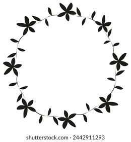 Marco redondo negro de flores y hojas sobre un fondo blanco