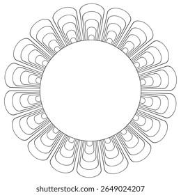 Moldura redonda preta feita de linhas curvas finas que lembram pétalas de flores. Elegante, design de inspiração floral com simetria fluida e delicada estrutura decorativa
