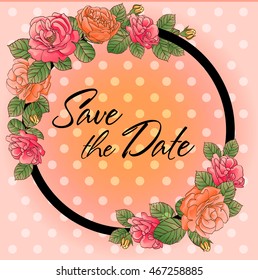 Black round frame with roses. Pink background. Vector.