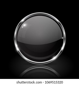 Black round glass button. 3d icon with metal frame. Vector illustration on black background