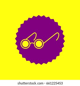 Black round glasses for the blind vector isolated icon on white background. Graphic vector illustration. Vector. Violet label with hole as icon on yellow background.