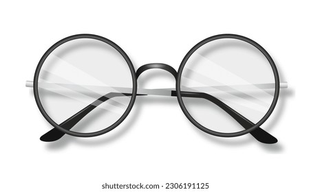 Black round glasses concept. Accessory for treatment of vision problems, glasses with diopters. Fashion and style. Optics, see well, lens, eyeglasses. Realistic 3D vector illustration