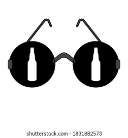 Black round glasses with two bottles of beer. Vector illustration, icon isolated on white background.