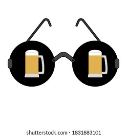 Black round glasses with two full mugs of beer. Vector illustration, icon isolated on white background.
