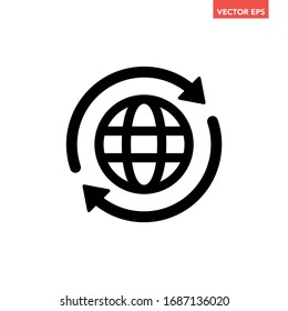 Black round globe with 2 sync arrows around line icon, simple linear grid worldwide path flat design pictogram vector for app ads logo web button ui ux interface elements isolated on white background