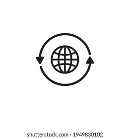 Black round globe with 2 sync arrows around icon, simple linear grid worldwide path shape flat design pictogram vector for app ads logo web button ui ux interface elements isolated on white background