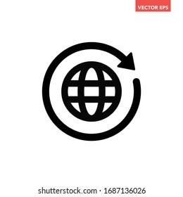 Black round globe with sync arrow path around icon, simple linear global grid worldwide shape flat design pictogram vector for app logo web button ui ux interface elements isolated on white background