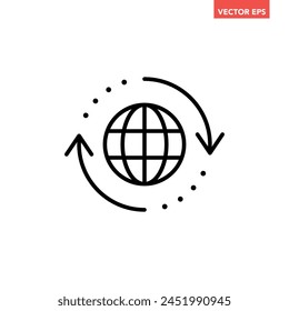 Black round globe with sync arrow path line icon, simple flat design vector pictogram, infographic vector for app logo label web button banner ui ux interface elements isolated on white background