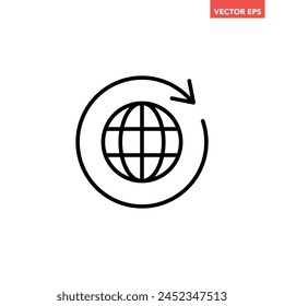 Black round globe with sync arrow path line icon, simple flat design vector pictogram, infographic vector for app logo label web button banner ui ux interface elements isolated on white background