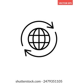 Black round globe with sync arrow path line icon, simple flat design vector pictogram, infographic vector for app logo label web button banner ui ux interface elements isolated on white background