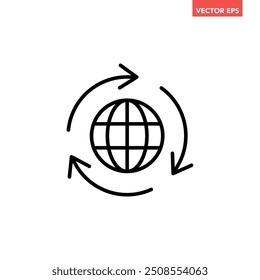 Black round globe with sync arrow path line icon, simple flat design vector pictogram, infographic vector for app logo label web button banner ui ux interface elements isolated on white background