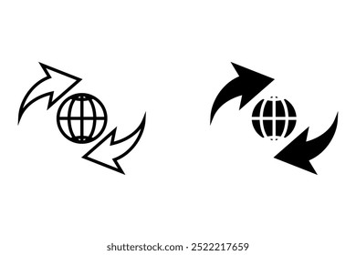 Black round globe with sync arrow path line icon, simple flat design vector pictogram, infographic vector for app logo label web button banner ui ux