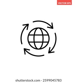 Black round globe with sync arrow path line icon, simple flat design vector pictogram, infographic vector for app logo label web button banner ui ux interface elements isolated on white background