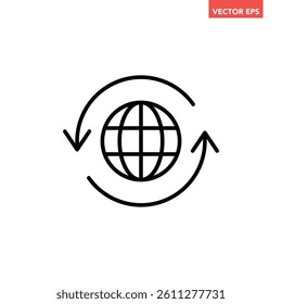 Black round globe with sync arrow path line icon, simple flat design vector pictogram, infographic vector for app logo label web button banner ui ux interface elements isolated on white background