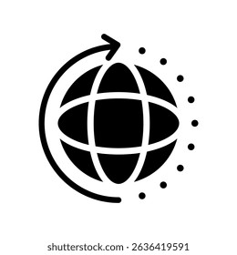 Black round globe with sync arrow path line icon, simple flat design vector pictogram, infographic vector for app logo label web button banner ui ux interface elements isolated on white background