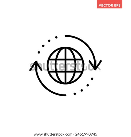 Black round globe with sync arrow path line icon, simple flat design vector pictogram, infographic vector for app logo label web button banner ui ux interface elements isolated on white background