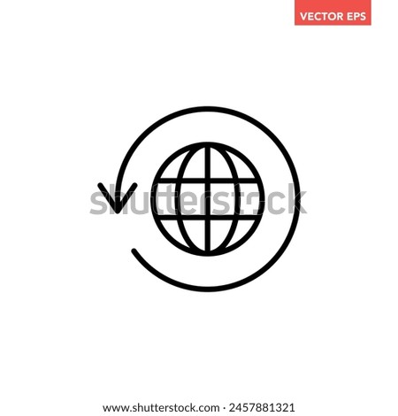 Black round globe with sync arrow path line icon, simple flat design vector pictogram, infographic vector for app logo label web button banner ui ux interface elements isolated on white background