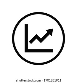 Black round growing up chart graph icon, simple successful trending upwards flat design infographic pictogram vector, app logo web button ui ux interface element isolated on white background