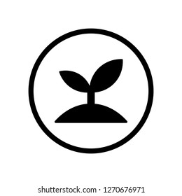 Black round growing plant with two leaves, sprout icon, simple silhouette flat design vector eps 10 interface elements for app ui ux web button banner isolated on white background