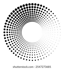 Black round halftone texture. Dotted radial swirl or tornado shape. Gradient circle. Pop art retro style. 