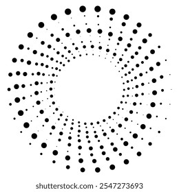 Textura de semitono redondo negro. Forma de remolino radial punteado o tornado. Círculo degradado. Arte Pop estilo retro. 