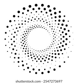 Textura de semitono redondo negro. Forma de remolino radial punteado o tornado. Círculo degradado. Arte Pop estilo retro. 