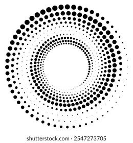 Black round halftone texture. Dotted radial swirl or tornado shape. Gradient circle. Pop art retro style. 