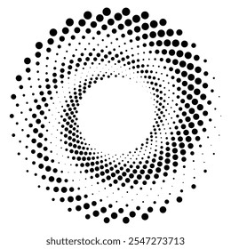 Black round halftone texture. Dotted radial swirl or tornado shape. Gradient circle. Pop art retro style. 